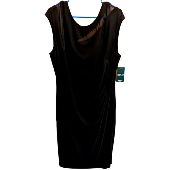Ralph Lauren mesh inset side pleat jersey sheath dress black in an 18W - Picture 1 of 6
